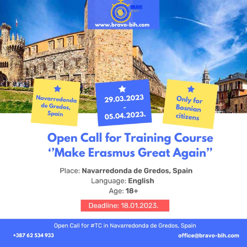 Open call for 2 participants for Training Course ‘’Make Erasmus Great Again’’ in Navarredonda de Gredos, Spain