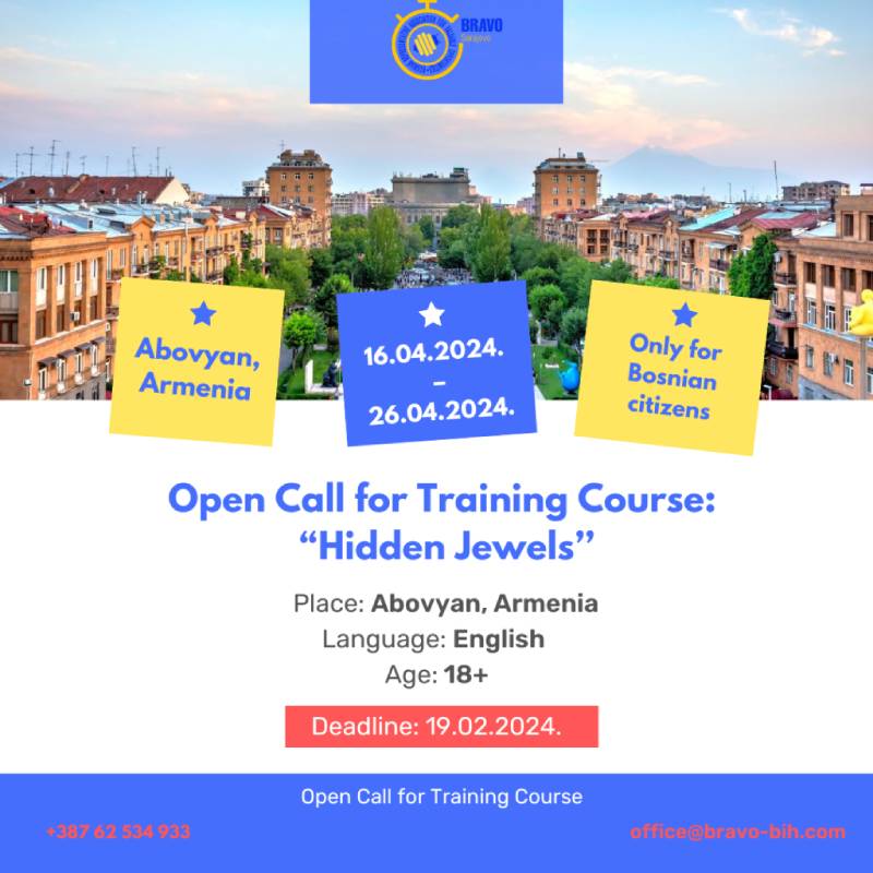 Open call for 2 participants for Training Course “Hidden Jewels” in Abovyan, Armenia