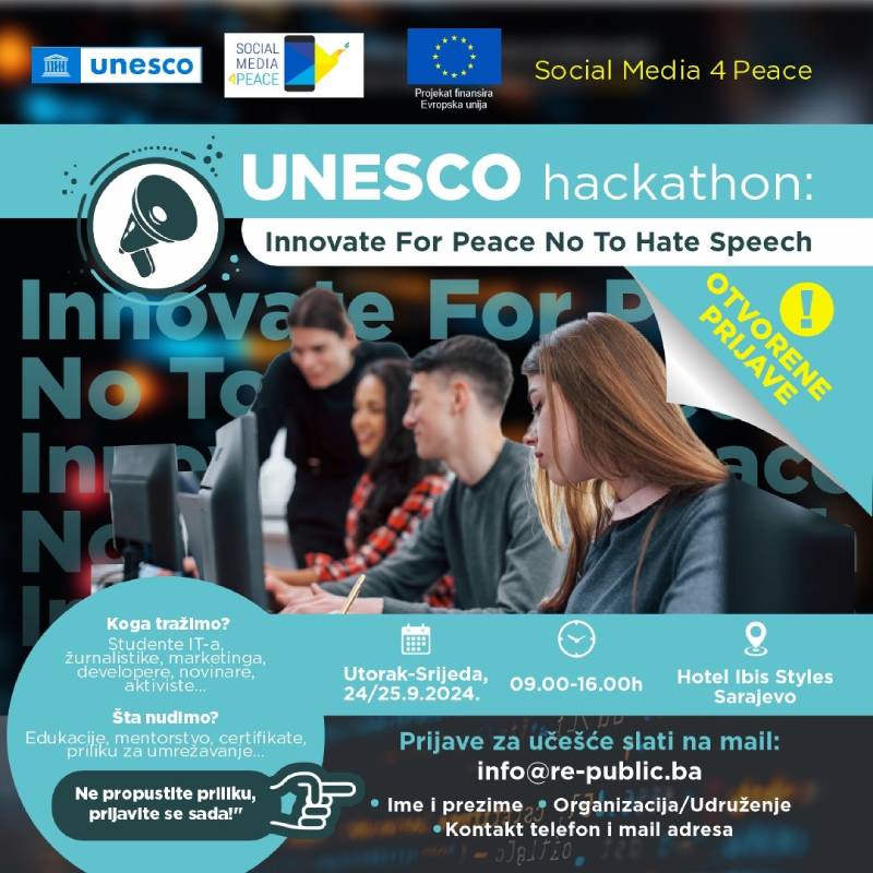 Poziv studentima i mladima novinarima za učešće na UNESCO hakatonu “Innovate For Peace: No To Hate Speech”